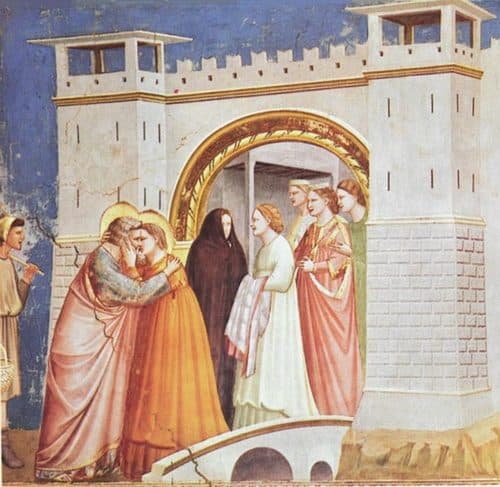 No. 6 Scenes from the Life of Joachim: 6. Meeting at the Golden Gatelabel QS:Lit,"Scene della vita di Joachim 6. incontro alla porta d'oro"label QS:Lfr,"6.La Rencontre d'Anne et Joachim à la Porte Dorée"label QS:Lde,"6. Szene aus dem Leben des Joachims: Begegnung an der Goldenen Pforte"label QS:Len,"No. 6 Scenes from the Life of Joachim: 6. Meeting at the Golden Gate" — Fresco
