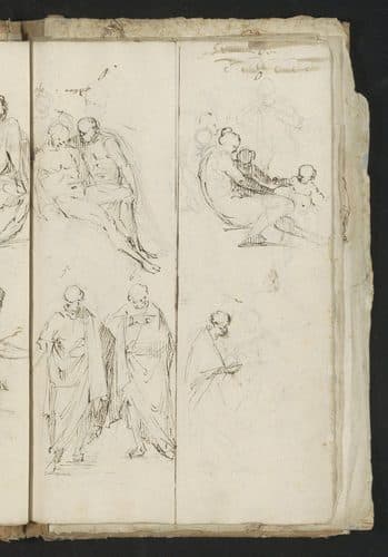Liefdespaar, mannen in toga en een zittende naakte vrouw met twee putti, RP-T-1905-164-27(R) — Gesture Drawing