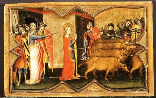 Saint Lucy and Her Mother at the Shrine of Saint Agatha; Saint Lucy Giving Alms; Saint Lucy before Paschasius; Saint Lucy Resisting Efforts to Move Her — Gilding