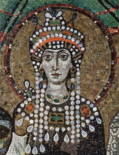 Theodora. Detail from the 6th-century mosaic "Empress Theodora and Her Court" in the Basilica of San Vitale in Ravenna. — Mosaic
