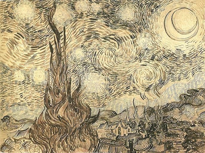 The Starry Nightlabel QS:Len,"The Starry Night"label QS:Lru,"Звёздная ночь (рисунок Ван Гога)"label QS:Lde,"Die Sternennacht" — Pen and Ink