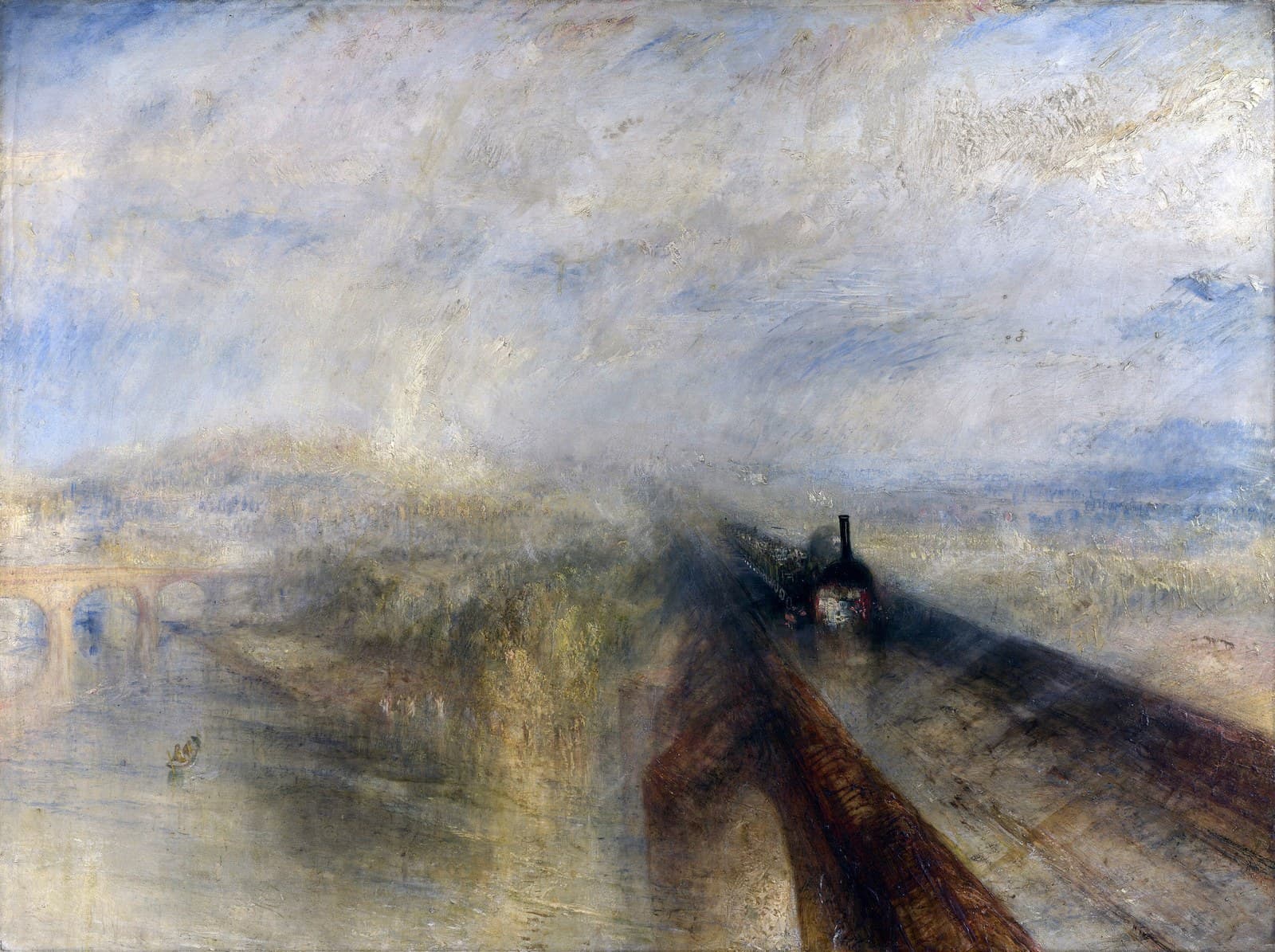 Rain, Steam and Speed – The Great Western Railway; the painting depicts an early locomotive of the Great Western Railway crossing the River Thames on Brunel's recently completed Maidenhead Railway Bridge.The painting is also credited for allowing a glimpse of the Romantic strife within Turner and his contemporaries over the issue of the technological advancement during the Industrial Revolution (see below). — Scumbling
