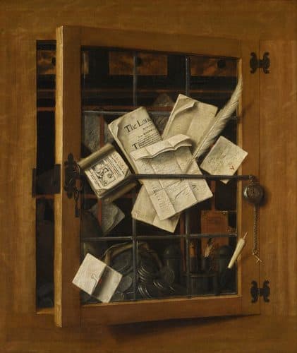 Trompe l'oeil of an open cabinetlabel QS:Len,"Trompe l'oeil of an open cabinet" — Trompe-l'œil