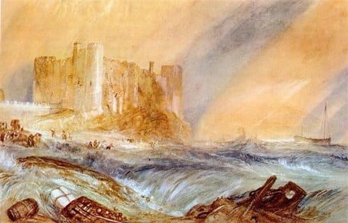 the welsh Laugharne Castle during a stormlabel QS:Len,"the welsh Laugharne Castle during a storm"label QS:Lde,"Ansicht der walisischen Burg Laugharne Castle bei Sturm" — Watercolor