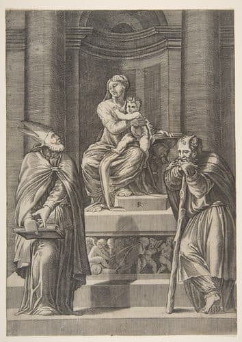 Saint Joseph at left and a bishop at right standing before the altar of the Virgin and Christ Child — Wood Carving