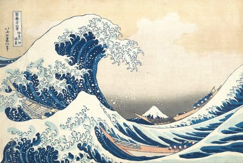 Japanese:  『神奈川沖浪裏 』The Great Wave off Kanagawatitle QS:P1476,ja:"神奈川沖浪裏 "label QS:Lja,"神奈川沖浪裏 "label QS:Lit,"La grande onda di Kanagawa"label QS:Lfr,"La Grande Vague de Kanagawa"label QS:Lnl,"De grote golf van Kanagawa"label QS:Lde,"Die große Welle vor Kanagawa"label QS:Len,"The Great Wave off Kanagawa"label QS:Llv,"Lielais Kanagavas vilnis"label QS:Lar,"الموجة الكبيرة في كاناغاوا" — Woodcut