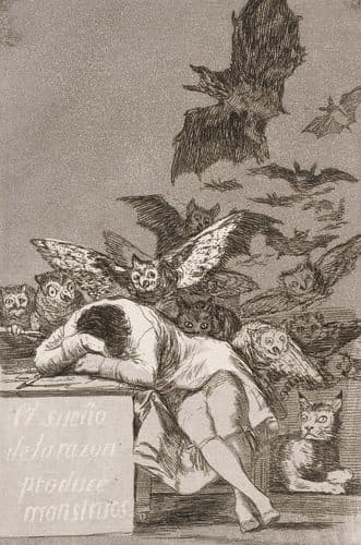 The sleep of reason produces monsters (No. 43), from Los Caprichostitle QS:P1476,en:"The sleep of reason produces monsters (No. 43), from Los Caprichos"label QS:Len,"The sleep of reason produces monsters (No. 43), from Los Caprichos" — Etching